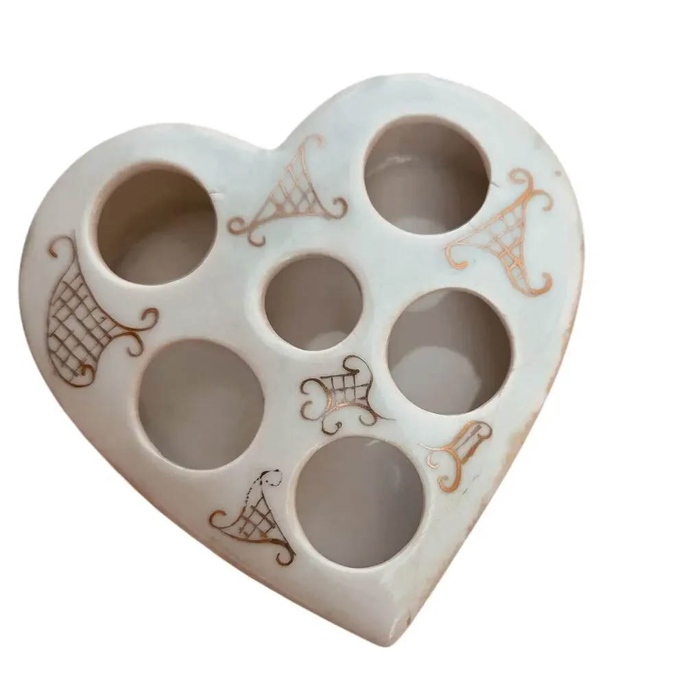 Vintage 1965 Ceramic Heart Lipstick Holder Hand Painted Roses Gold Vanity